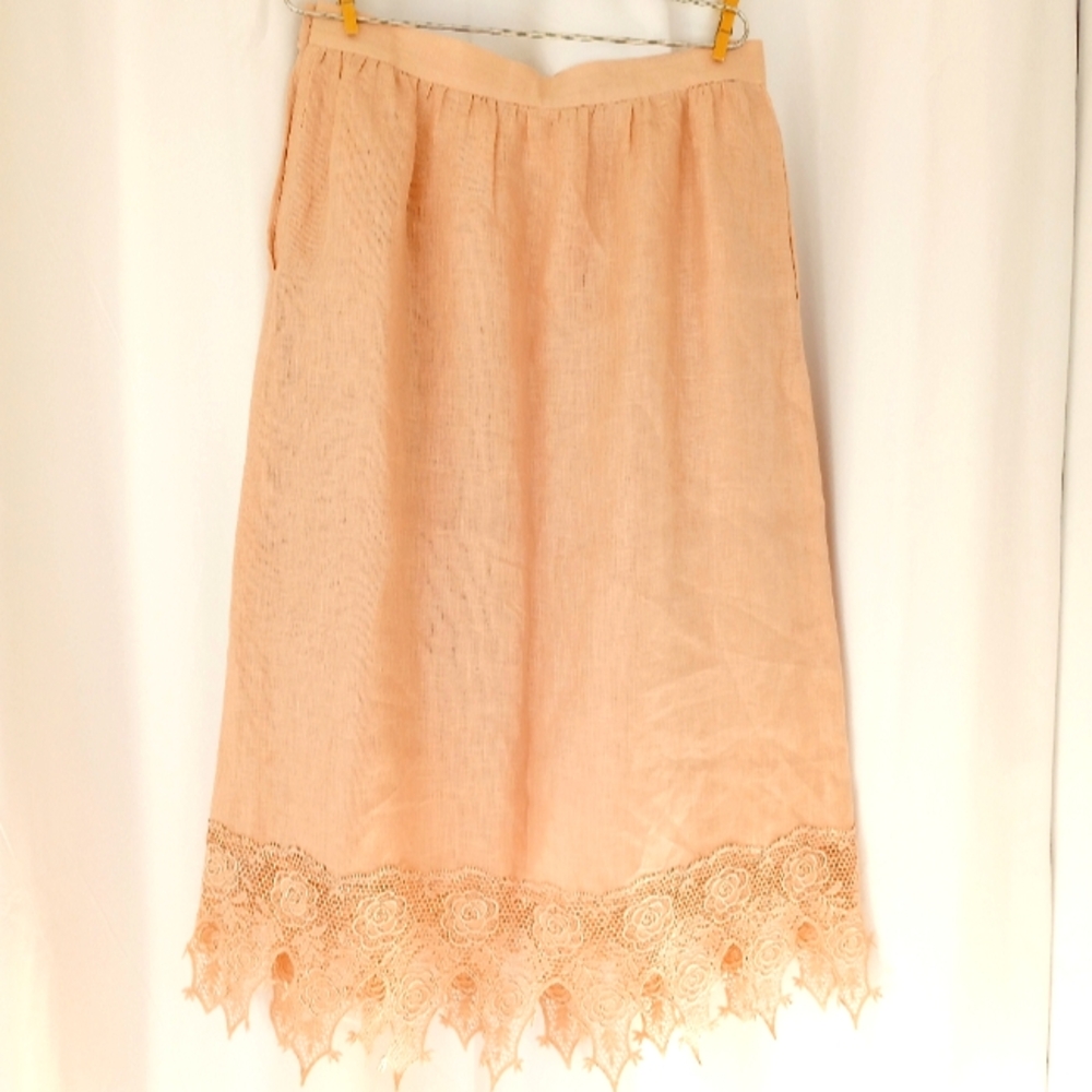 Vintage Fine  Linen Lace-trim Skirt Pink Fully Lined Coquette Size L
